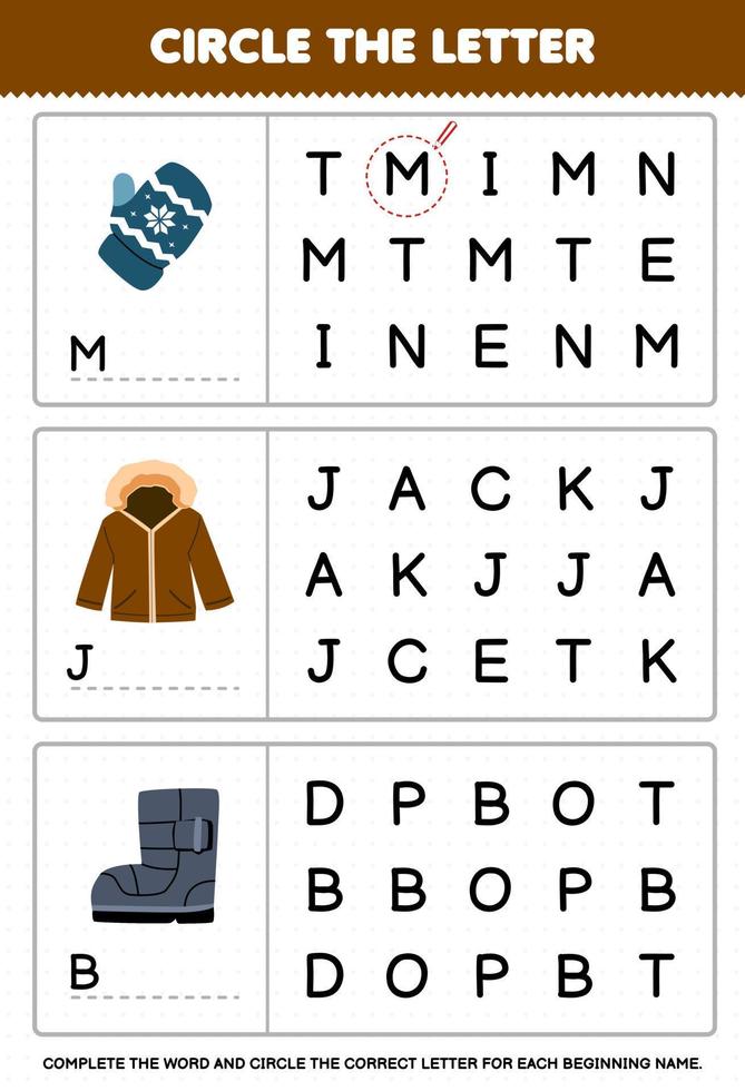 Education game for children circle the beginning letter from cute cartoon mitten jacket boot printable winter worksheet vector