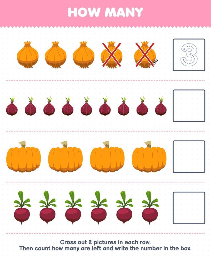 Education game for children count how many cartoon onion shallot pumpkin beet and write the number in the box printable vegetable worksheet vector