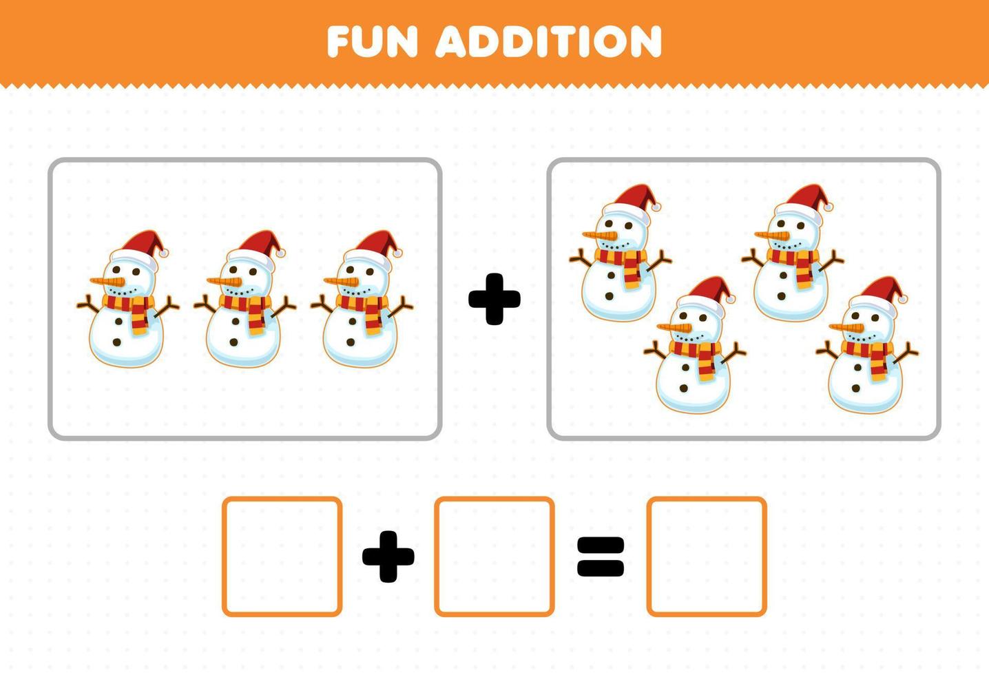 Education game for children fun addition by counting cute cartoon snowman pictures printable winter worksheet vector