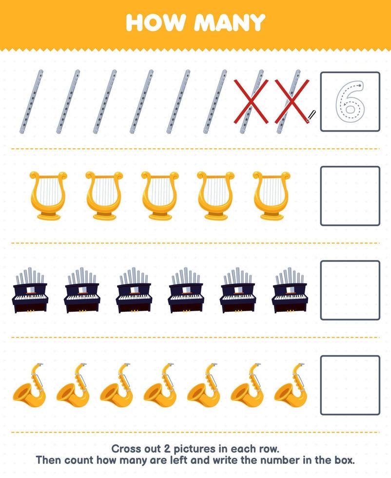 Education game for children count how many cartoon flute lyre organ saxophone and write the number in the box printable music instrument worksheet vector
