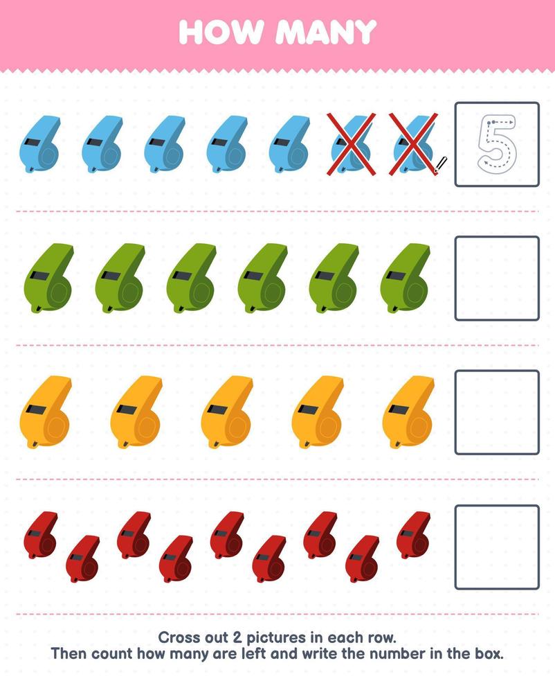 Education game for children count how many cartoon whistle and write the number in the box printable music instrument worksheet vector