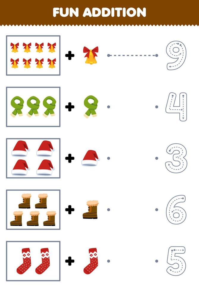 Education game for children fun counting and add one more cartoon bell scarf hat boot sock then choose the correct number winter worksheet vector