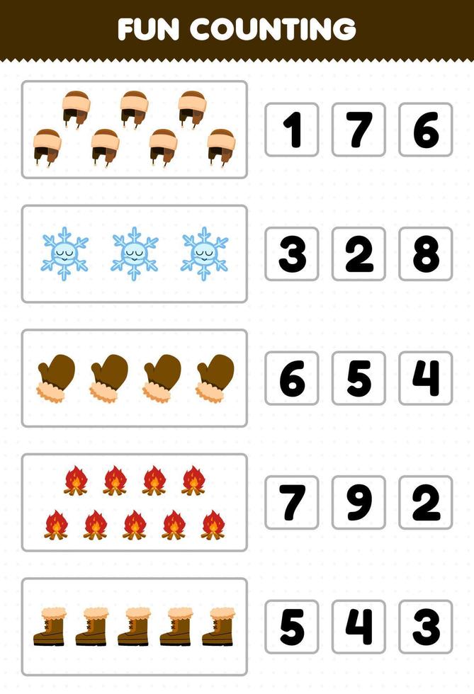 Education game for children fun counting and choosing the correct number of cute cartoon hat snowflake mitten bonfire boot printable winter worksheet vector