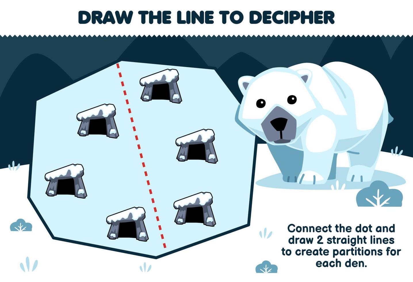 Education game for children help polar bear draw the lines to separate the dens printable winter worksheet vector