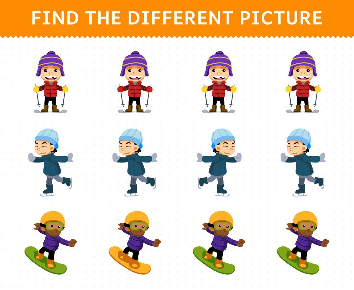 juego educativo para niños encuentra la imagen diferente en cada fila de un lindo niño de dibujos animados jugando esquí snowboard y patinaje sobre hielo hoja de trabajo de invierno imprimible 14660411 juego educativo para niños encuentra la imagen diferente en cada fila de un lindo niño de dibujos animados jugando esquí snowboard y patinaje sobre hielo hoja de trabajo de invierno imprimible 14660411