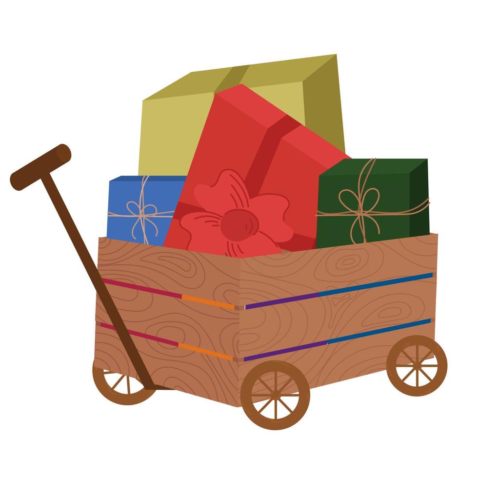 Wooden cart with Christmas presents. vector