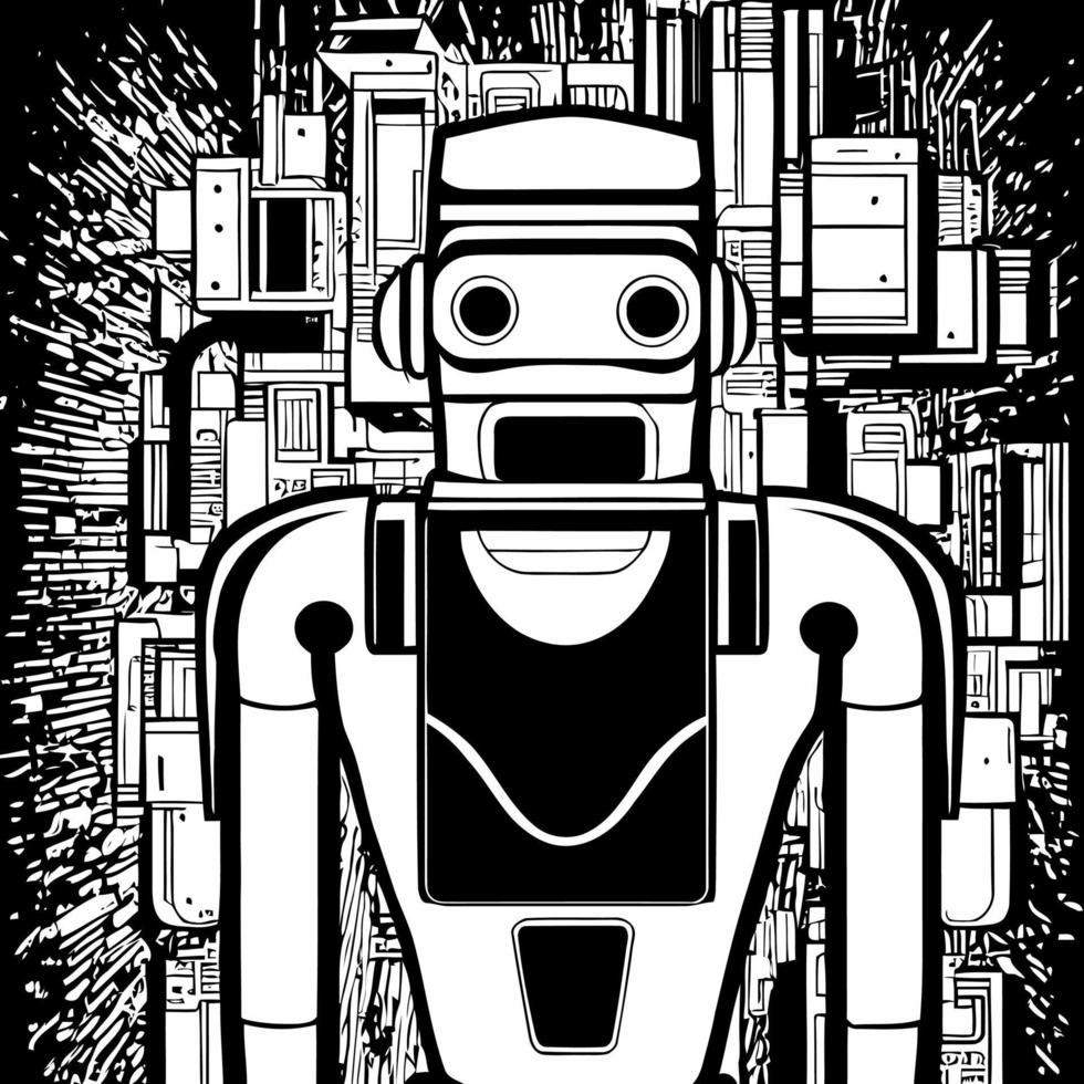 Black and White Woodcut Robot Portrait vector