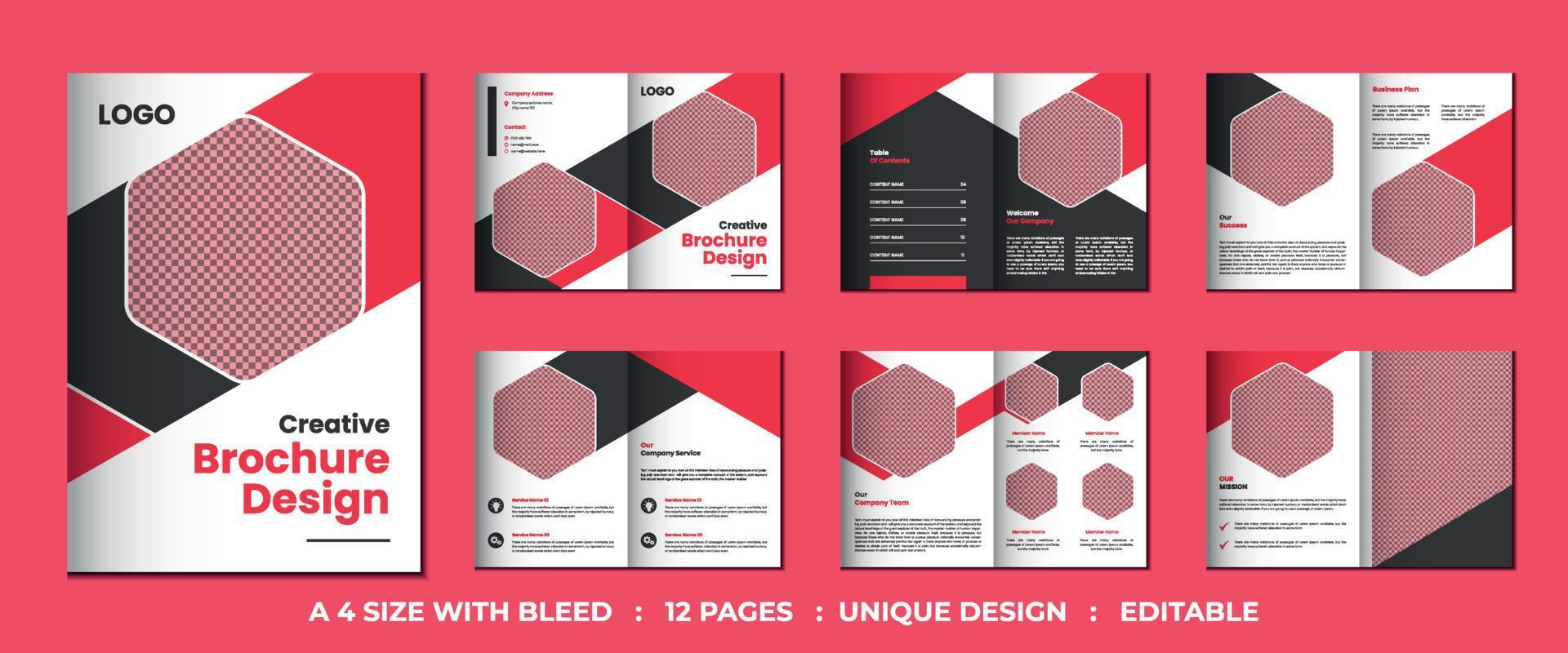 12 pages minimalist modern and creative company profile or business bifold brochure design vector template