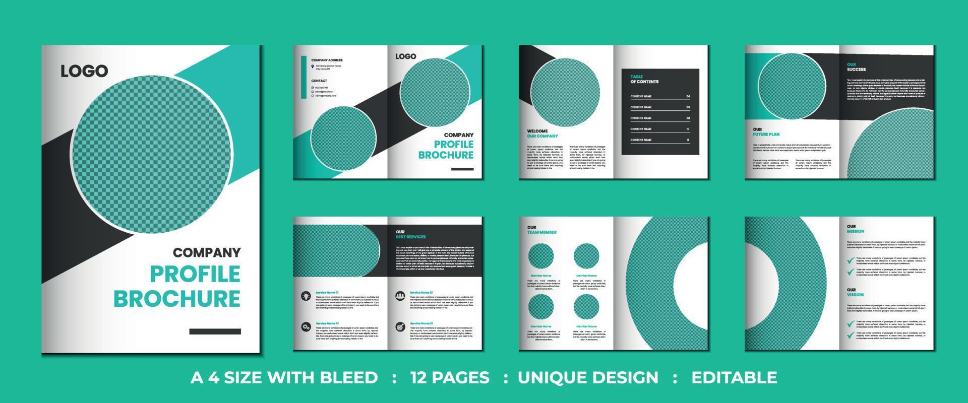 12 pages minimalist modern and creative company profile bifold brochure design vector template