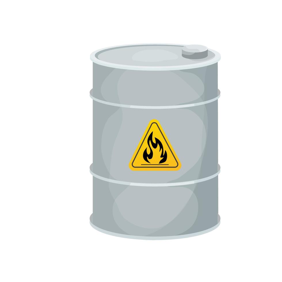 Metal gray barrel flammable, dangerous sign in cartoon style isolated on white background. . Vector illustration