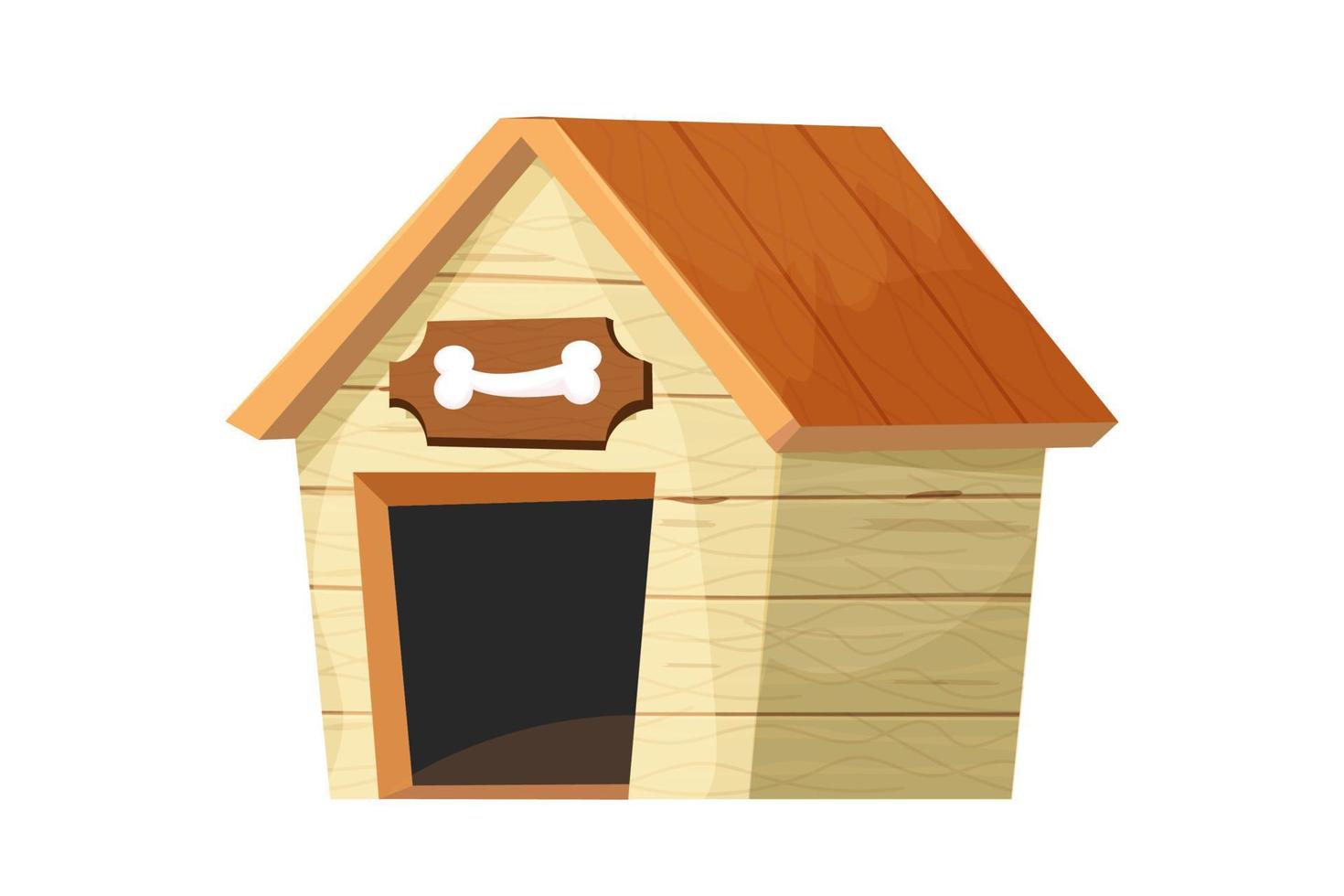 Funny doghouse, wooden kennel in cartoon style isolated on white background. Comic childish construction with roof and bowl with bone. Vector illustration