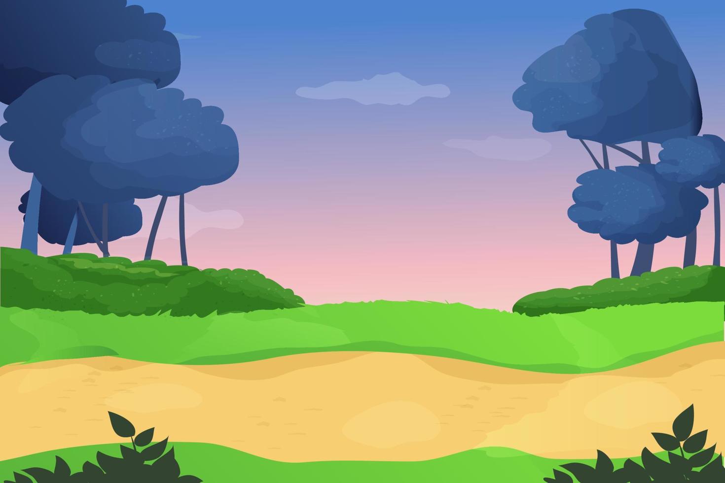 fondo de nivel de juego, camino mágico y paisaje de fantasía en estilo de dibujos animados. carretera, campo verde y bosque. ilustración vectorial vector