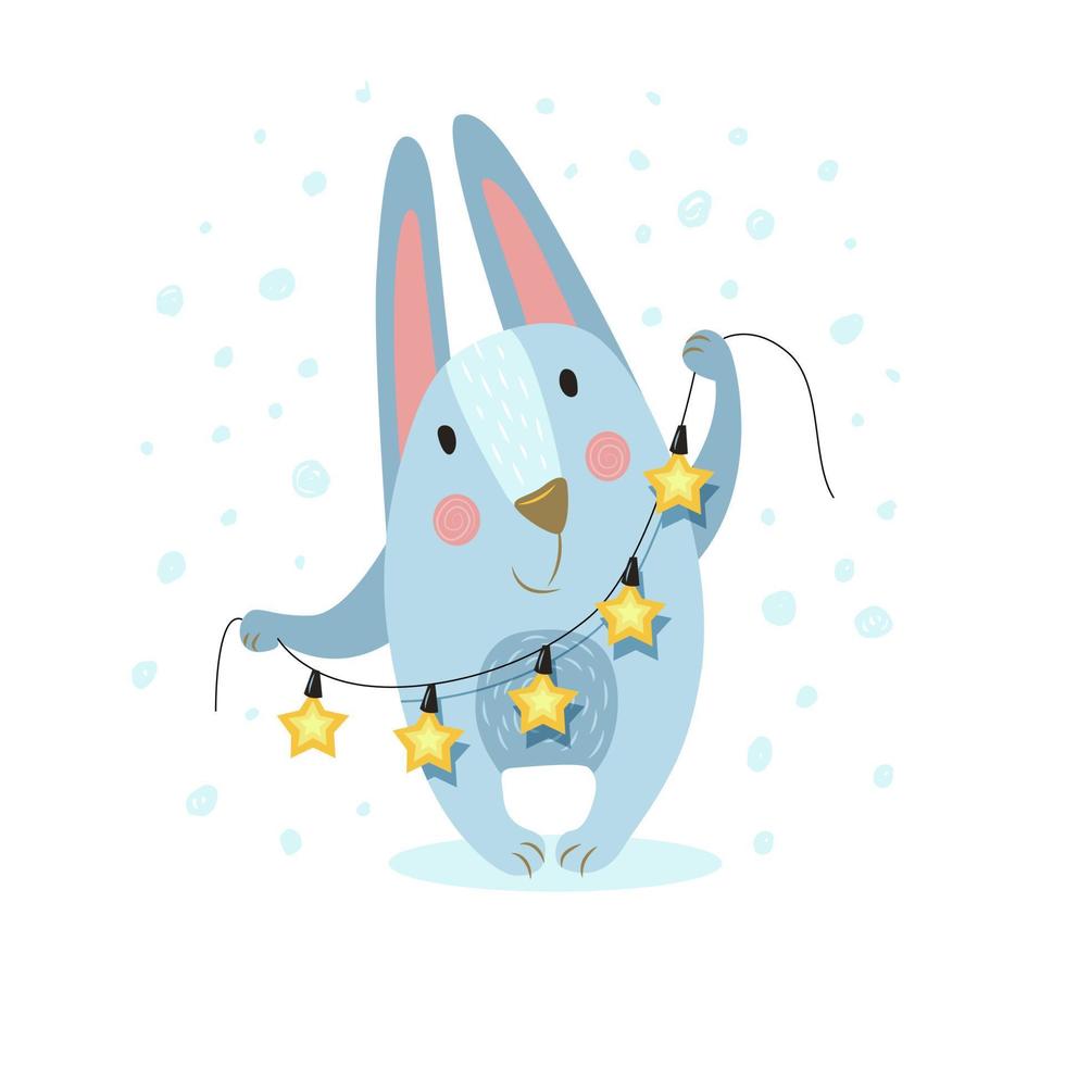 cute blue hare holding a garland of stars vector