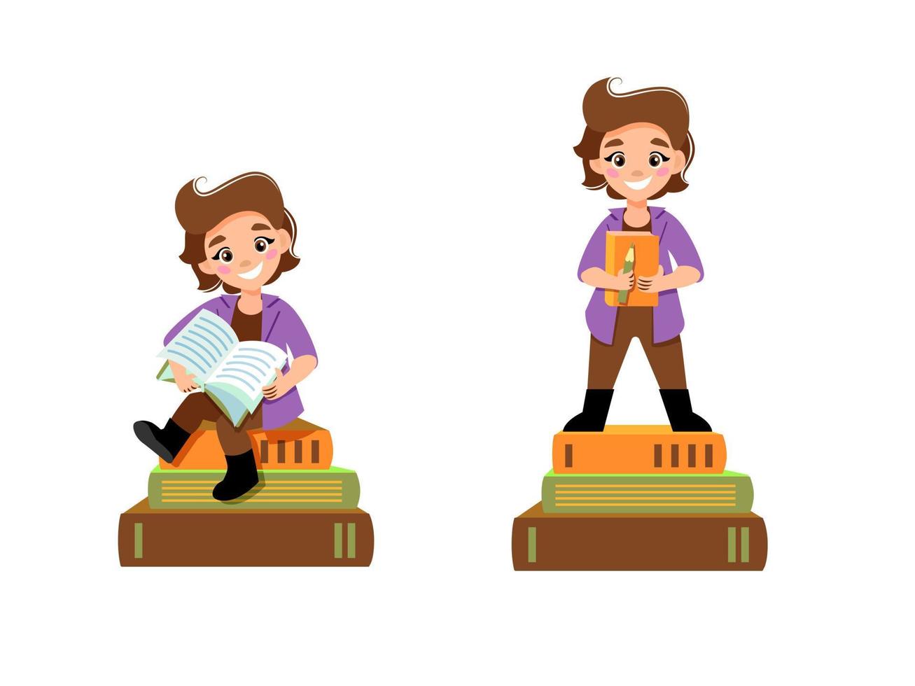 child stands on a stack of books.The child sits on a stack of books and reads. The concept of a reading child sitting on a stack of books. Cartoon vector illustration.