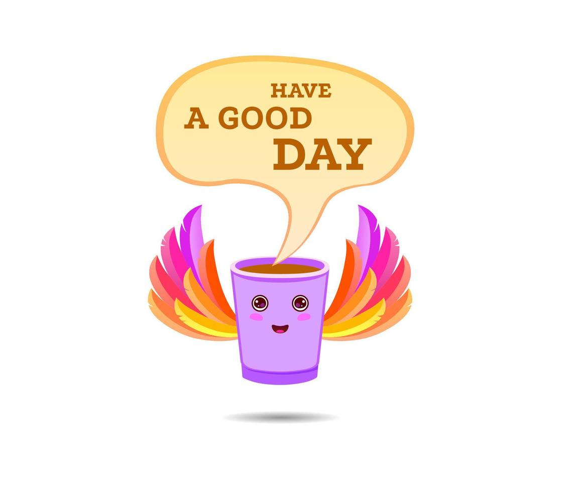 cup of coffee in lilac color with multi-colored wings. Have a good day lettering. vector