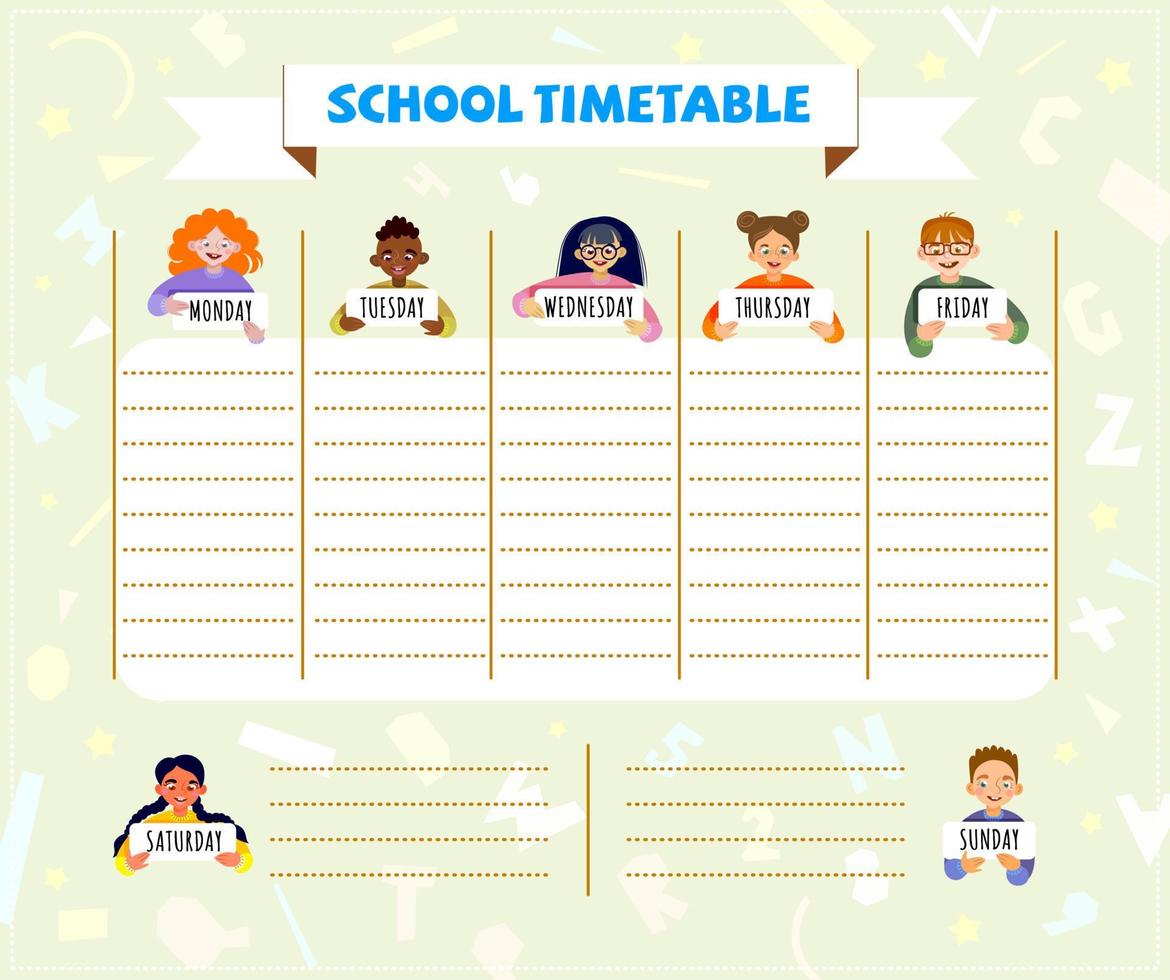 Elementary school timetable. Daily and weekly planner for kids. Weekly planner template with cartoon school kids and symbols on light background. vector