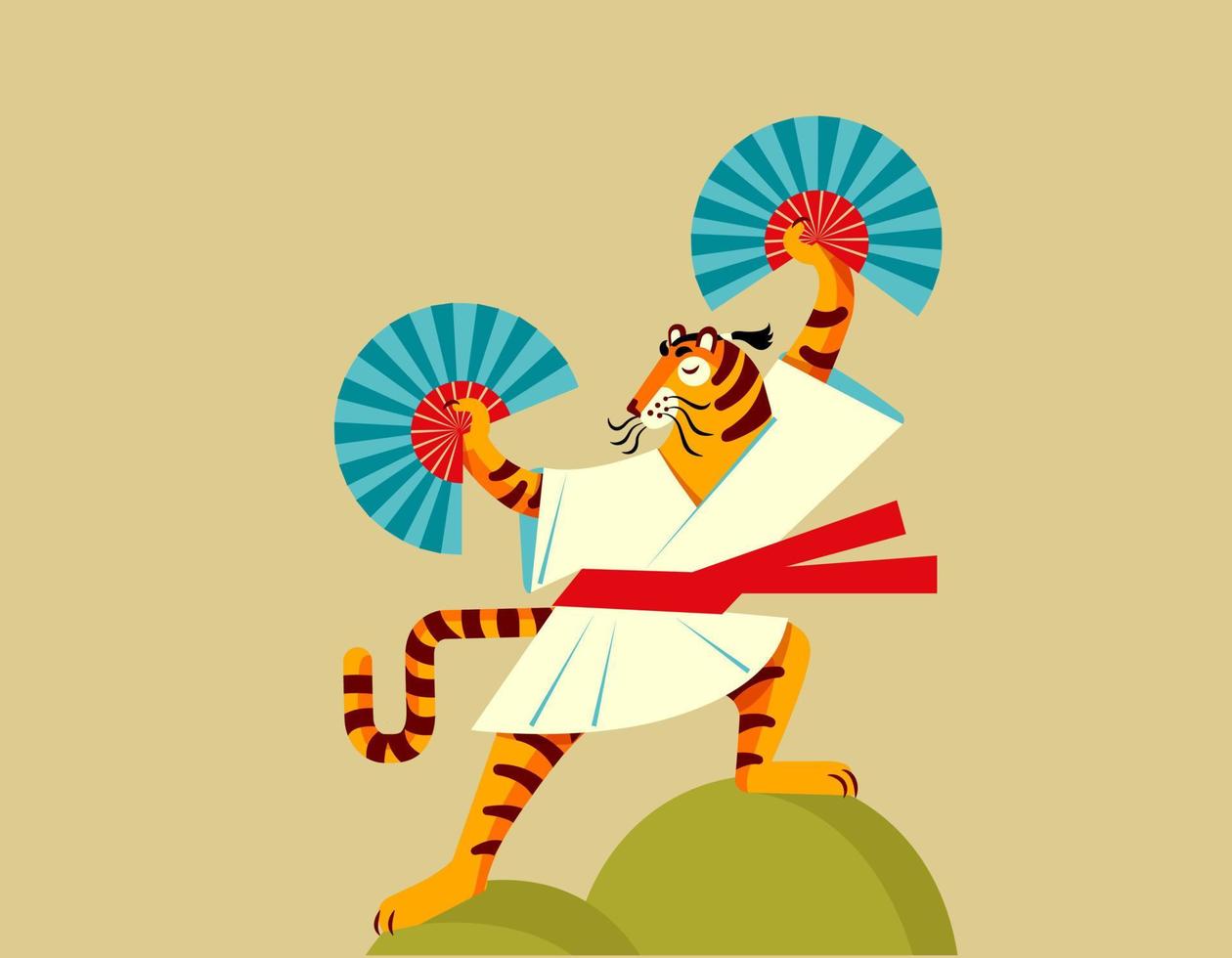 A samurai tiger in a kimono performs a dance with fans. Vector illustration - poster, postcard.
