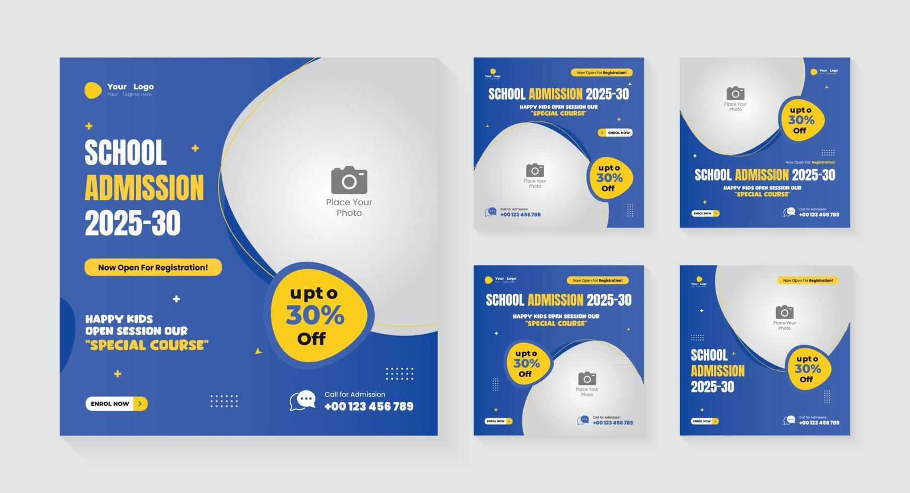 School admission social media post design template or Back to school social media blue and yellow color combination layout bundle square web banner vector