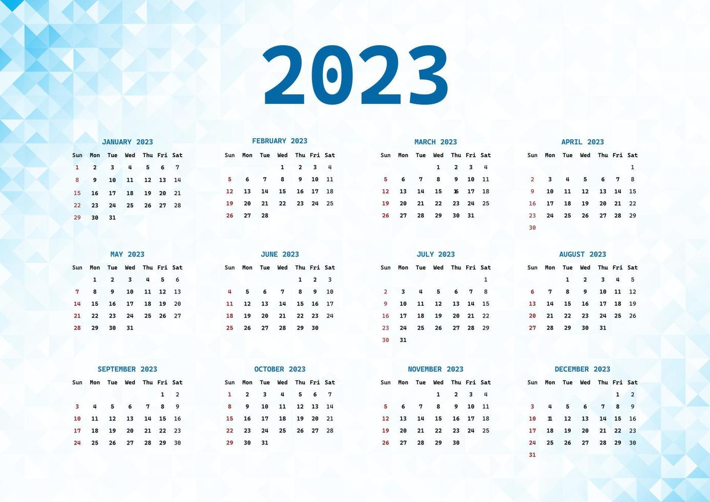 Plantilla de calendario mensual 2023 con fondo abstracto degradado vector