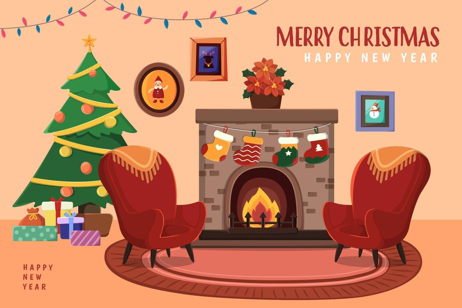 Xmas and New Year greeting card. Flat illustration of beautifully decorated living room for winter Christmas vector