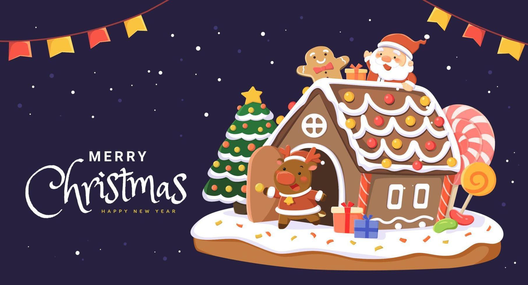 Xmas gingerbread house card design. Flat illustration of snow covered house with Santa and reindeer placed around on dark blue background vector