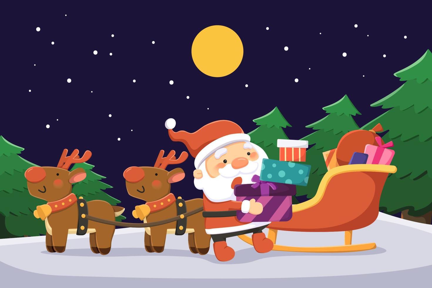 Cute Christmas Eve greeting card . Flat illustration of Santa Claus parking its reindeers chariot and going to send the gift stack on dark blue background vector