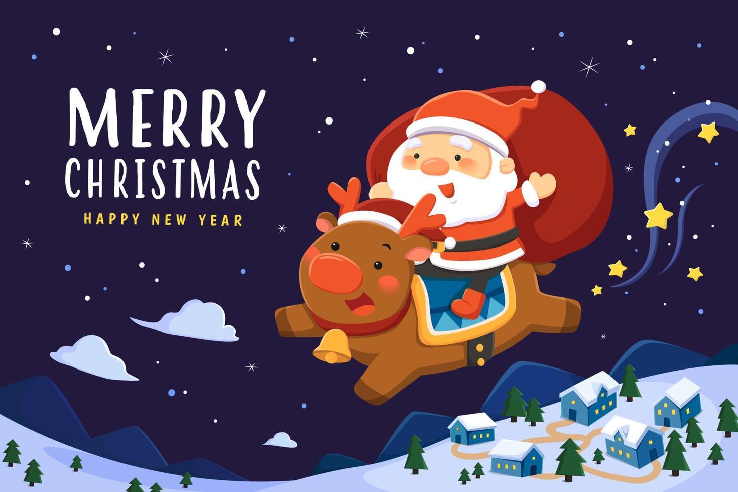 Beautiful Christmas greeting card. Flat illustration of Santa Claus with a big sack riding a reindeer and flying through the night sky vector