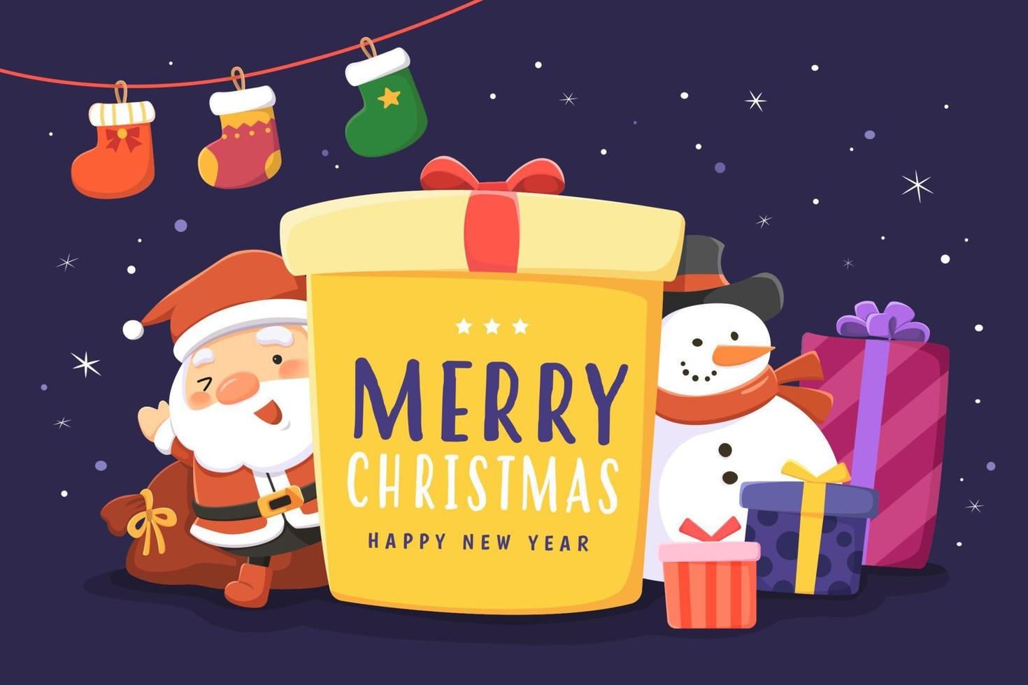 tarjeta de felicitación de feliz navidad. ilustración plana de una gran caja de regalo con santa claus, muñeco de nieve y regalos en la víspera de navidad vector