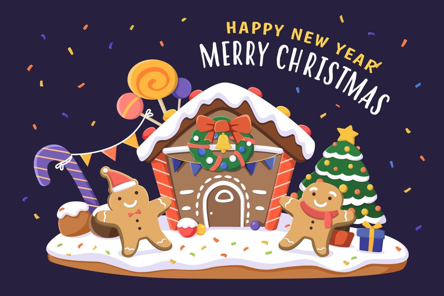 Xmas gingerbread house card design. Flat illustration of the house covered with snow made from cookies and sugar icing on dark blue background vector