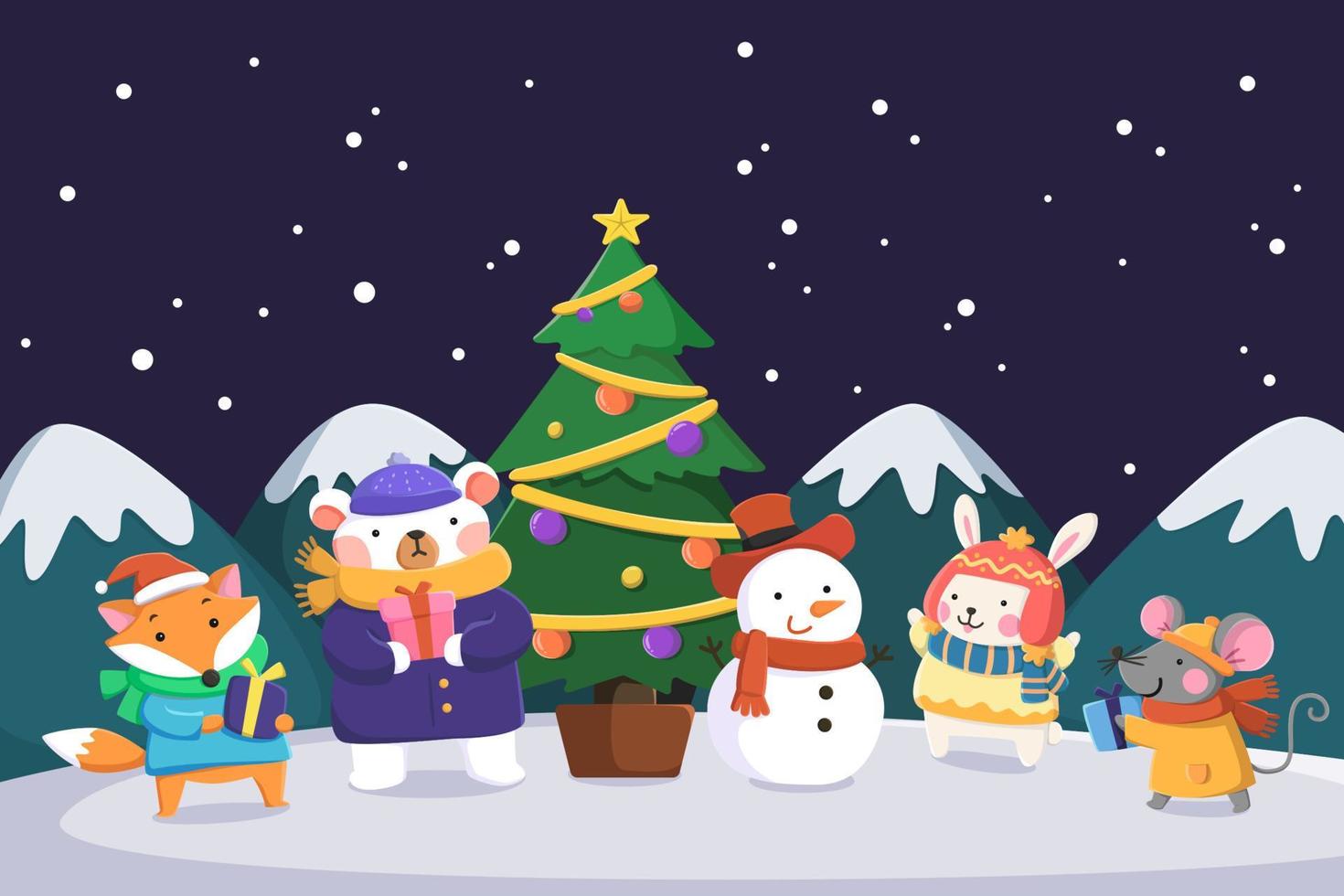 Animals celebrating Xmas together. Flat illustration of animals in winter wear and Snowman standing aside a Christmas tree on Xmas eve vector
