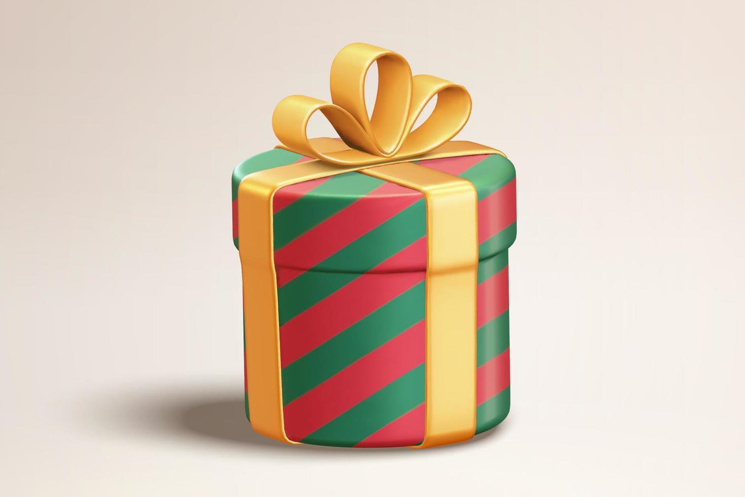 3d wrrapped Christmas present. Illustration of green and red cylindrical gift box with golden bow on an empty background vector