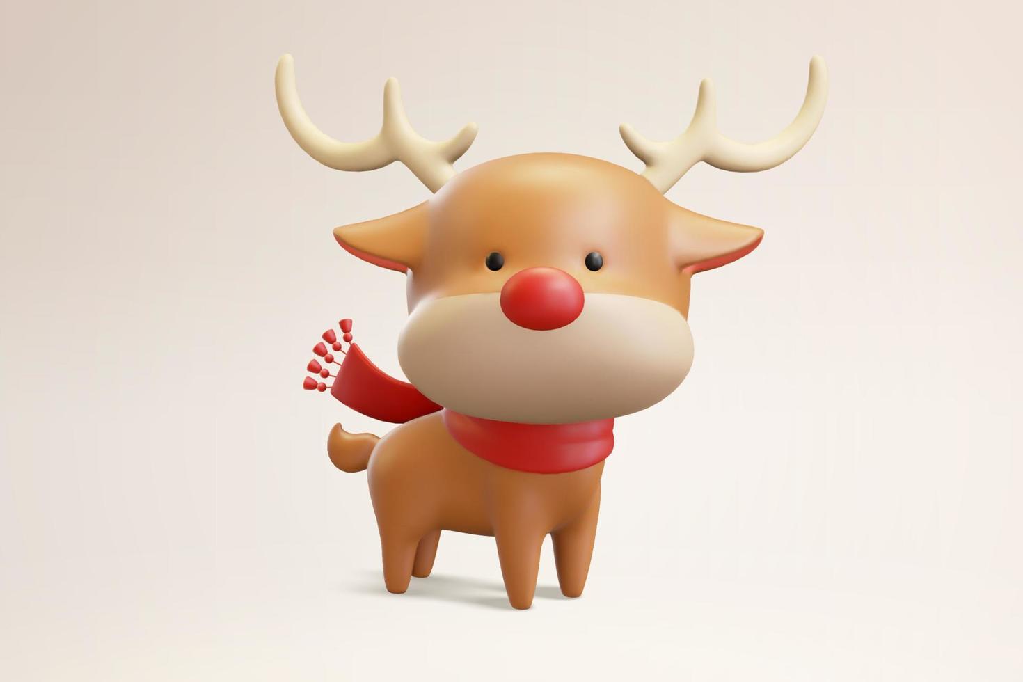 Bonita figura de reno de Navidad en 3D. ilustración del ciervo navideño con silenciador rojo en un fondo vacío vector