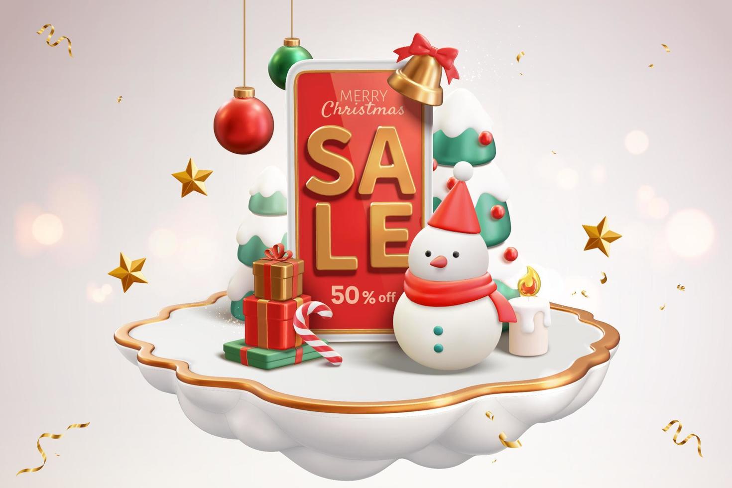 3d Christmas online sale banner ad. A mobile phone with sale text on it standing with a snowman and other festive objects over a cloud shaped stage floating on a white background. vector