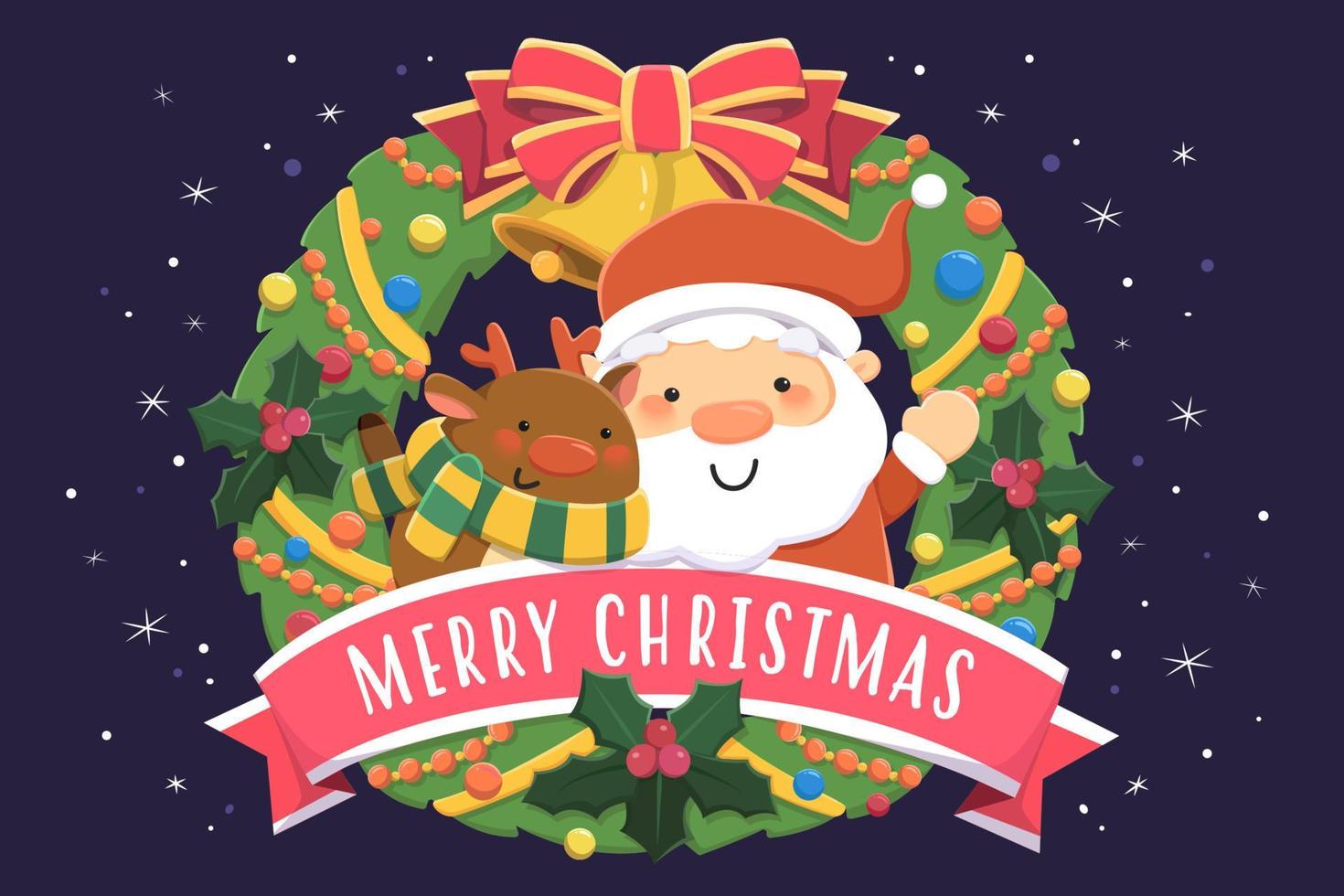 diseño de tarjeta de feliz navidad. ilustración plana de santa claus y renos saludando desde la corona de navidad sobre fondo azul oscuro vector