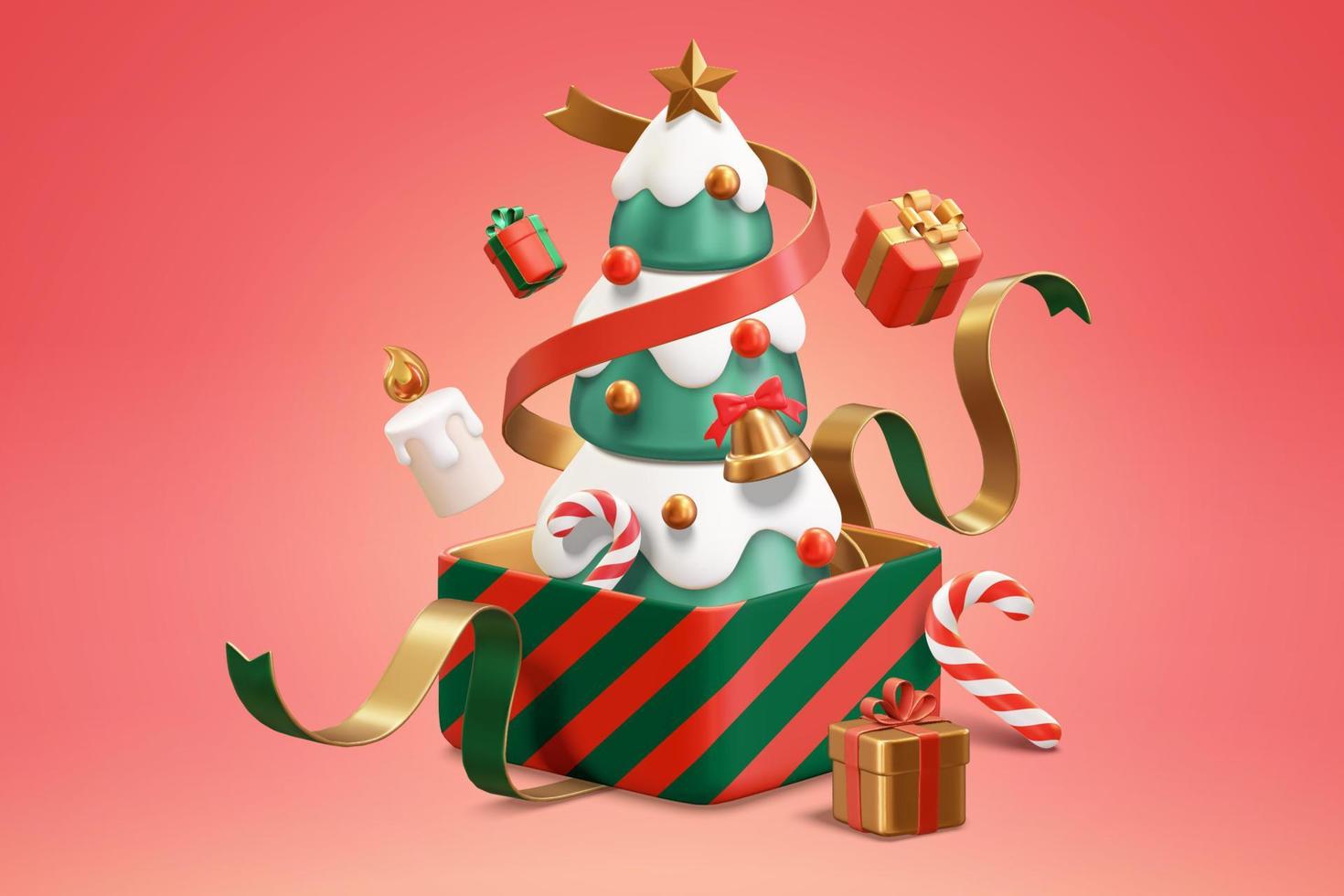 3d Xmas tree in an unboxed gift. Illustration of Christmas tree in an opened box with ribbons, floating candle, and more unwrapped presents showing up vector