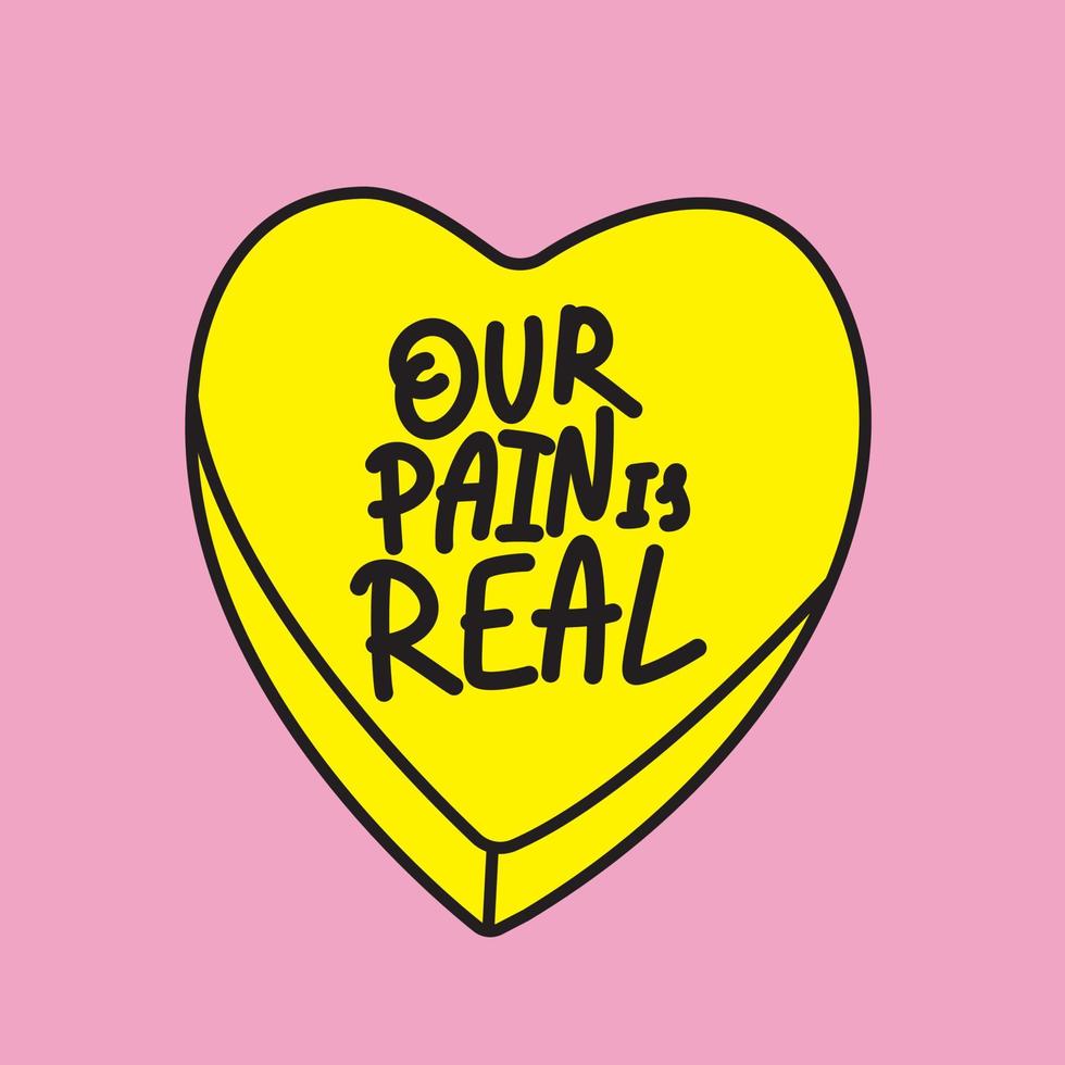 Hand drawn lettering our Pain is Real on yellow heart. Endometriosis Awareness Month - March vector