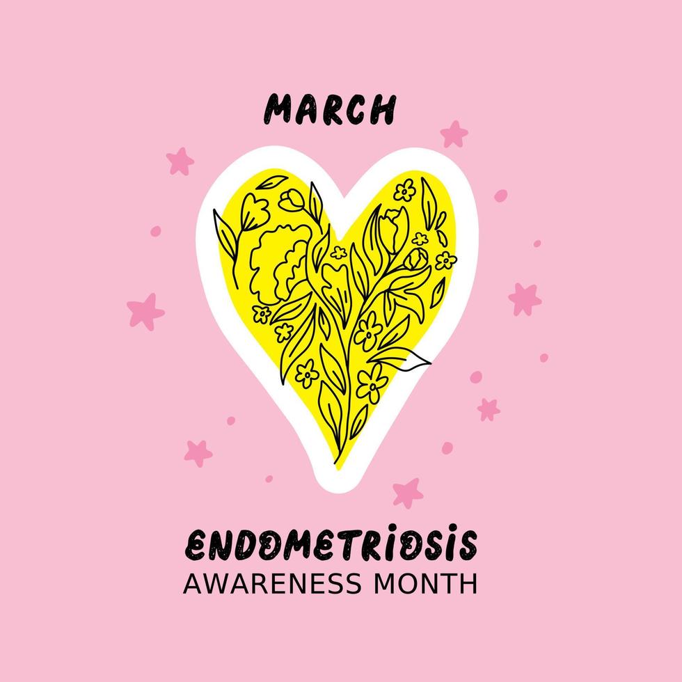 concepto dibujado a mano - corazón amarillo con flores. mes de concientización sobre la endometriosis - marzo vector