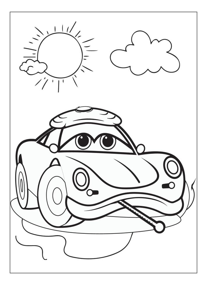 página para colorear de coche de dibujos animados feliz y divertido para los niños amantes del coche vector