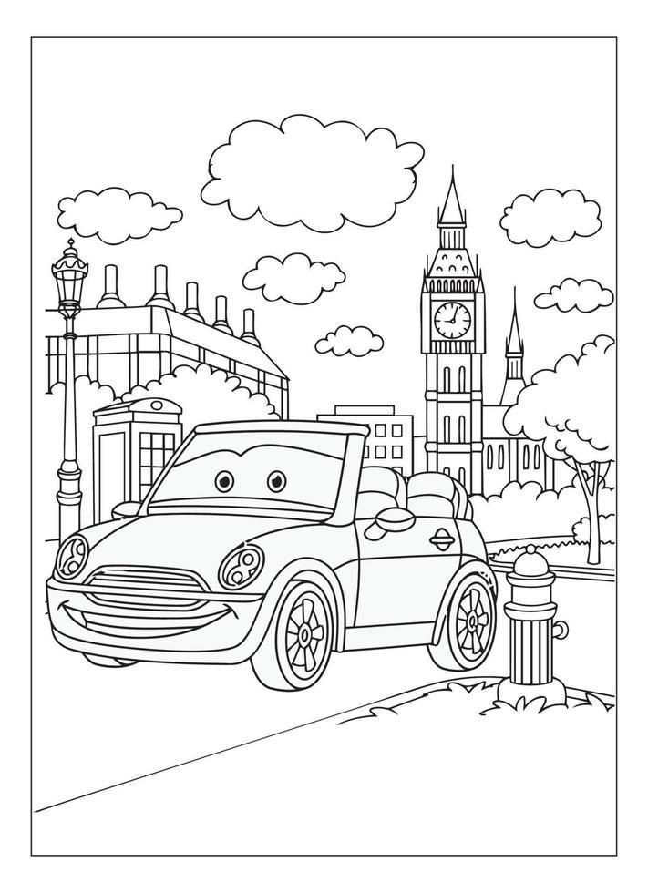 Happy And Funny Cartoon Car Coloring Page For Car Lover Kids vector