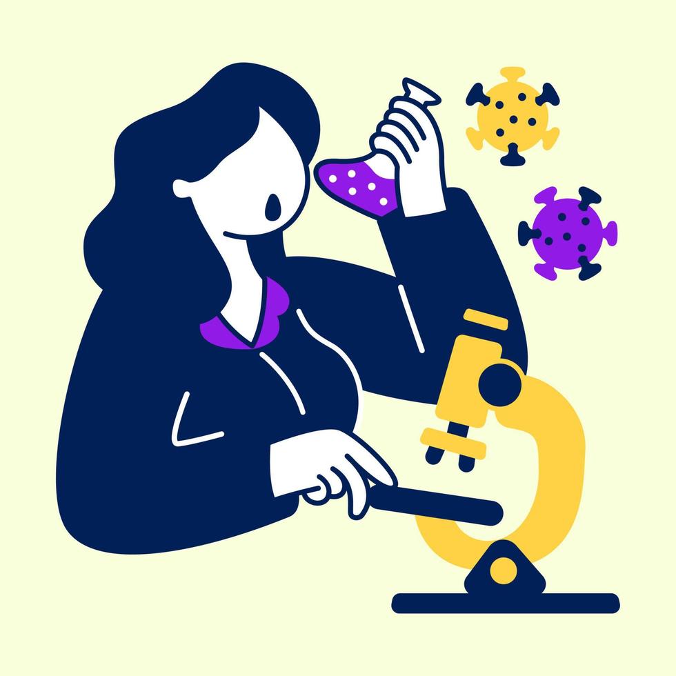 Scientist holding test tube and analyzing virus with microscope. Flat design modern vector illustration concept