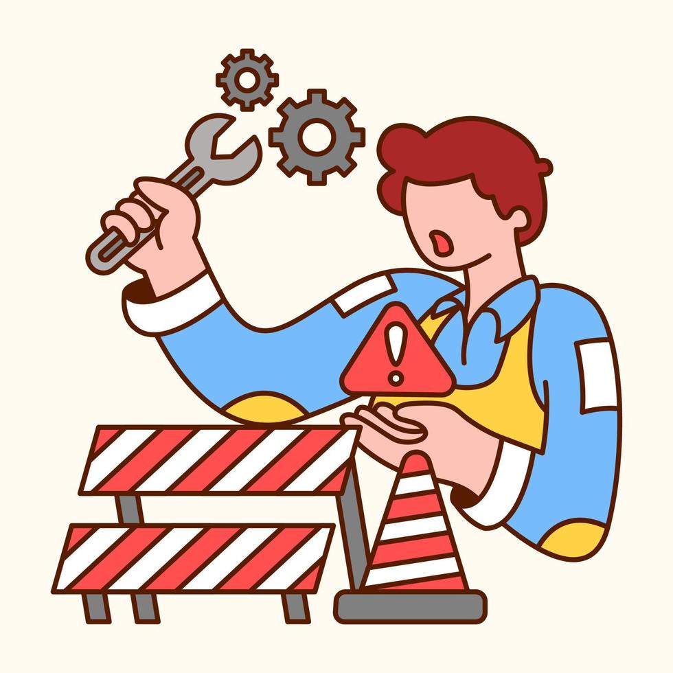 Worker holding wrench and repairing broken machine. Flat design modern vector illustration concept