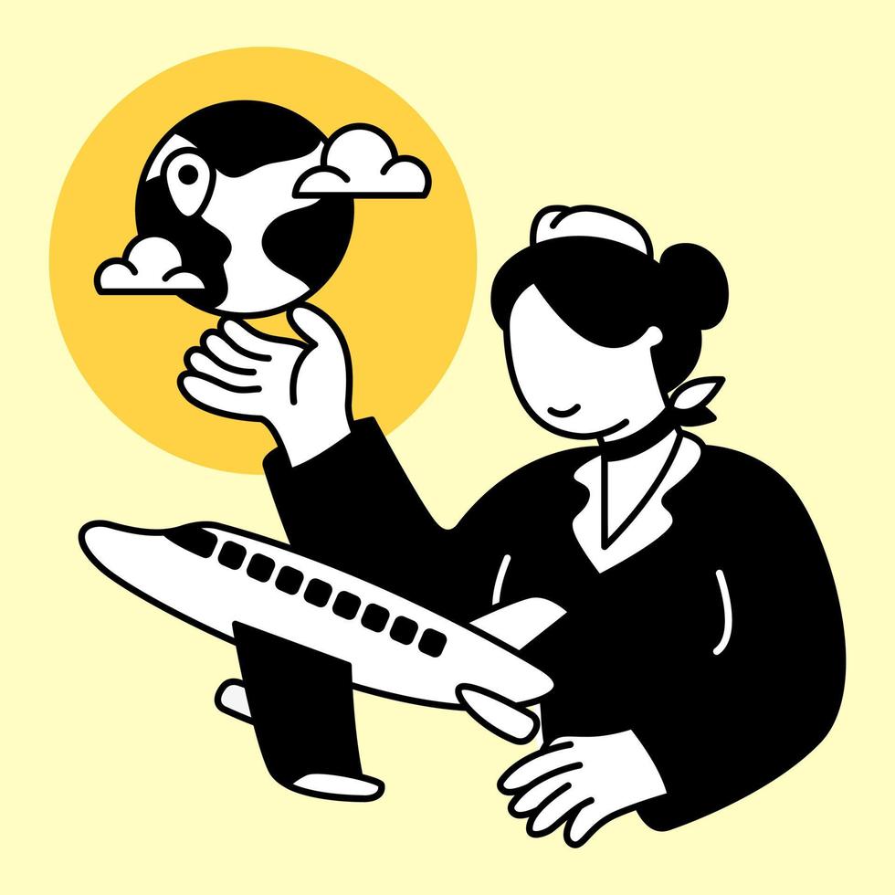 Flight attendant explains the purpose of the flight. Flat design modern vector illustration concept