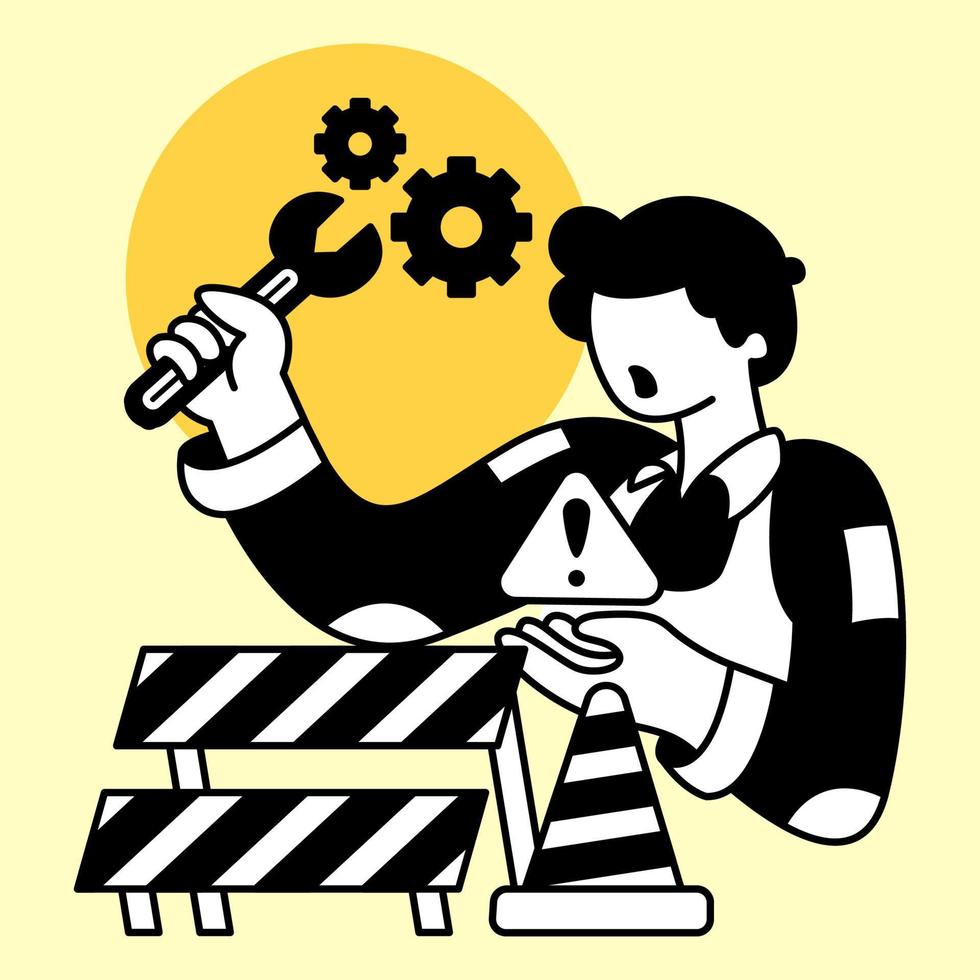 Worker holding wrench and repairing broken machine. Flat design modern vector illustration concept