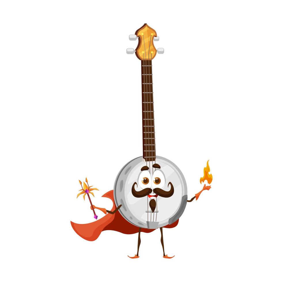 Cartoon banjo sorcerer character, mage instrument vector