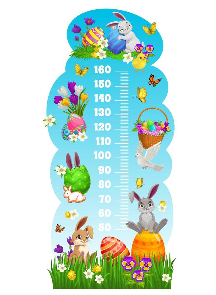 tabla de altura para niños con conejitos de pascua y huevos vector