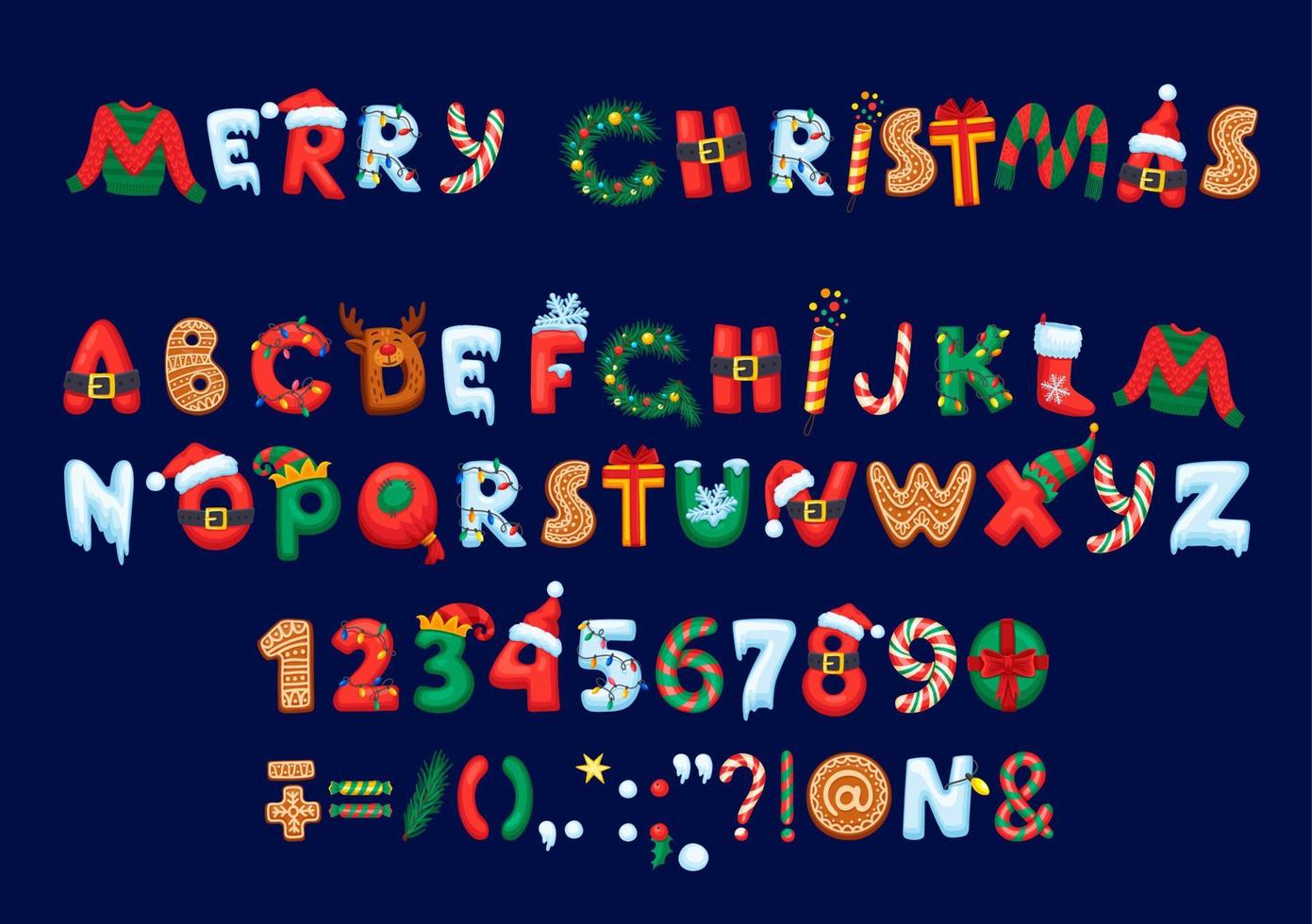 Christmas font or type, cartoon holiday typeface vector