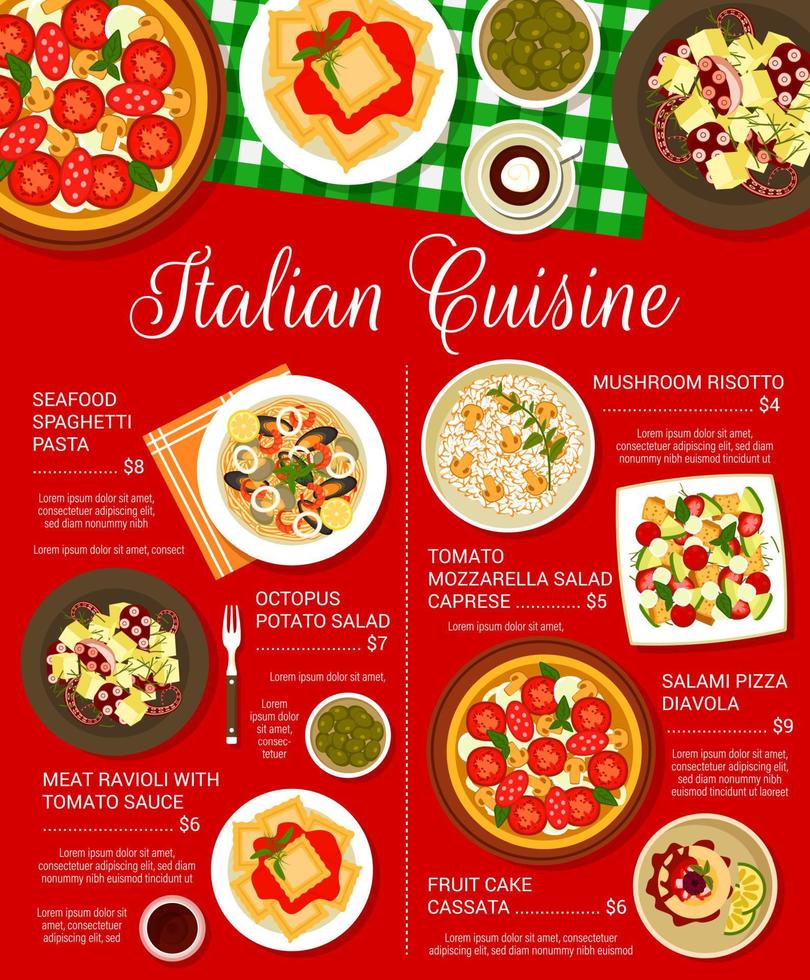Italian cuisine food menu page vector template