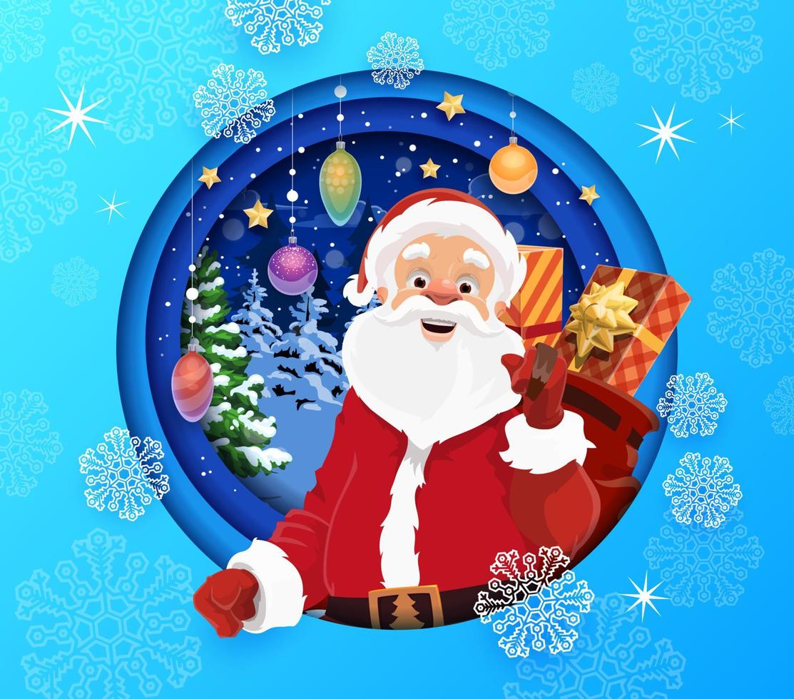 Christmas paper cut banner, cartoon Santa, gifts vector