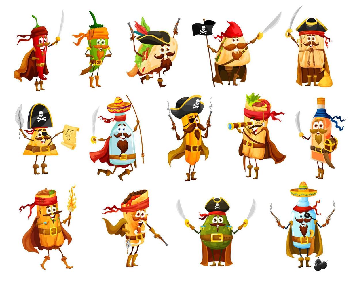 Tex mex mexican food pirates funny characters set vector