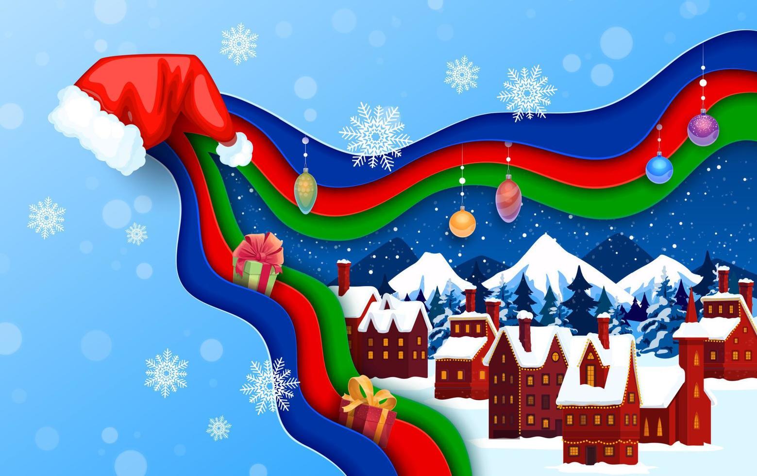 Christmas paper cut poster, Santa hat, winter town vector